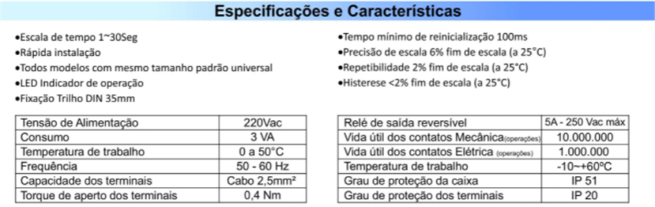 TEMPORIZADOR RETARDO NA ENERGIZAÇÃO BR-TET-1-30SEG 220VCA 55.80.0001 BR-TET-1-30SEG 220VCA 
